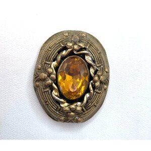 Vintage Gold Tone Filigree Fur Clip  With Amber-Colored Glass Stone & Ornate Det